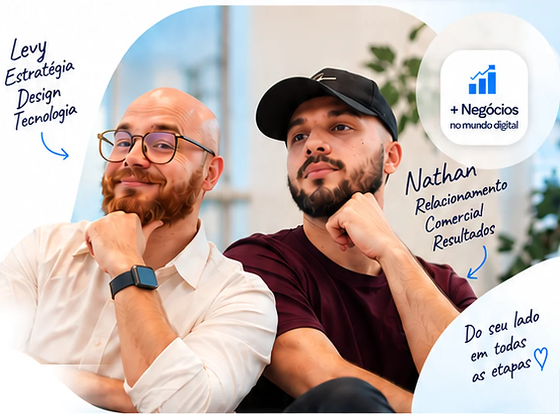 Levy (estratégia, design e tecnologia) e Nathan (relacionamento comercial e resultados), fundadores da Business 2 Brothers