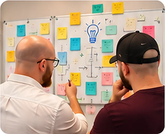 Levy e Nathan planejando um projeto em um quadro com post-its